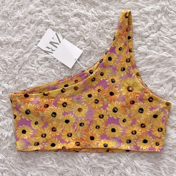 Zara Sunflower One Shoulder Crop Top Tank Floral Cottagecore Boho Size Large - Picture 2 of 12